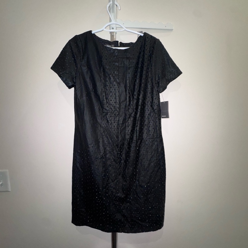Muse Black Short-Sleeve Shift Glitter Dress with Faux Leather Overlay